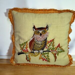 Vintage embroidered crewel owl fringe  throw pillow orange yellow 70s MCM